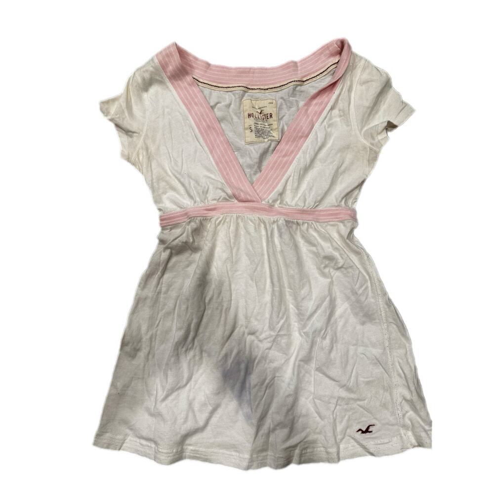 RARE Hollister Vtg Y2K Whit /Pink Tie Bow Babydoll Women Short Sleeve Top Size S